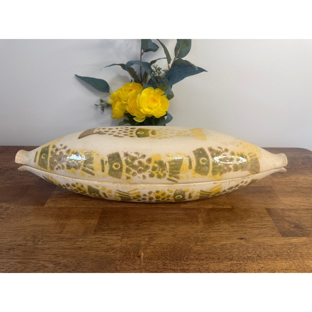 Vintage Fish Shaped Bakeware Covered Dish Ceramic Roaster‎ Rustic Kitchen Decor